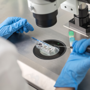 Mãos de um médico(a) utilizando luvas azuis e manuseando equipamento, realizando uma fertilização in vitro.