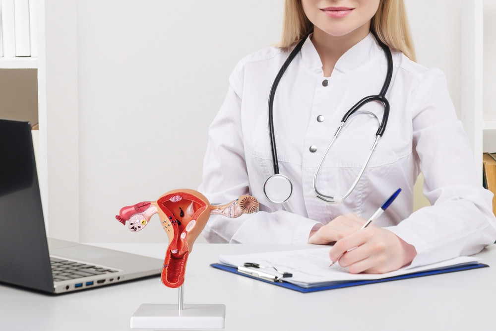 Mulher jovem e bonita médica trabalhando feliz e sorrindo no hospital, sentada na mesa. Modelo do sistema reprodutor feminino na mesa de trabalho, conceito médico.
