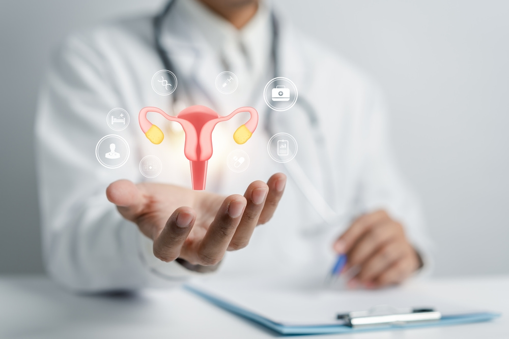 Médica mostrando imagem ilustrativa de um útero.