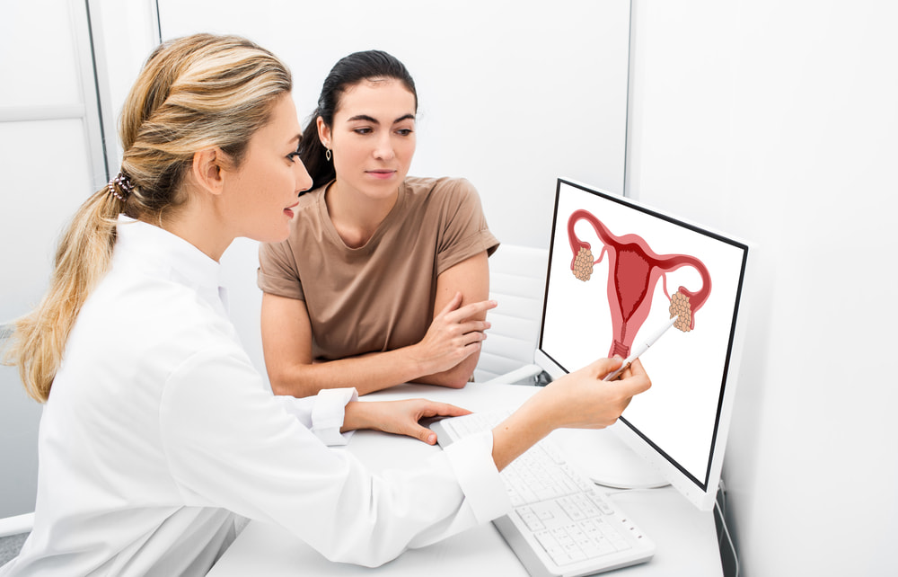 Médica mostrando imagem de útero para paciente mulher.